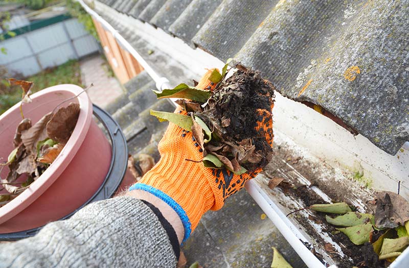 Person wearing an orange glove cleaning leaves and debris from a gutter, emphasizing the importance of gutter maintenance for preventing drainage issues.