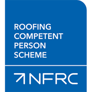 Logo of the NFRC Roofing Competent Person Scheme, featuring a blue background with white text stating "ROOFING COMPETENT PERSON SCHEME" and an upward arrow symbol.
