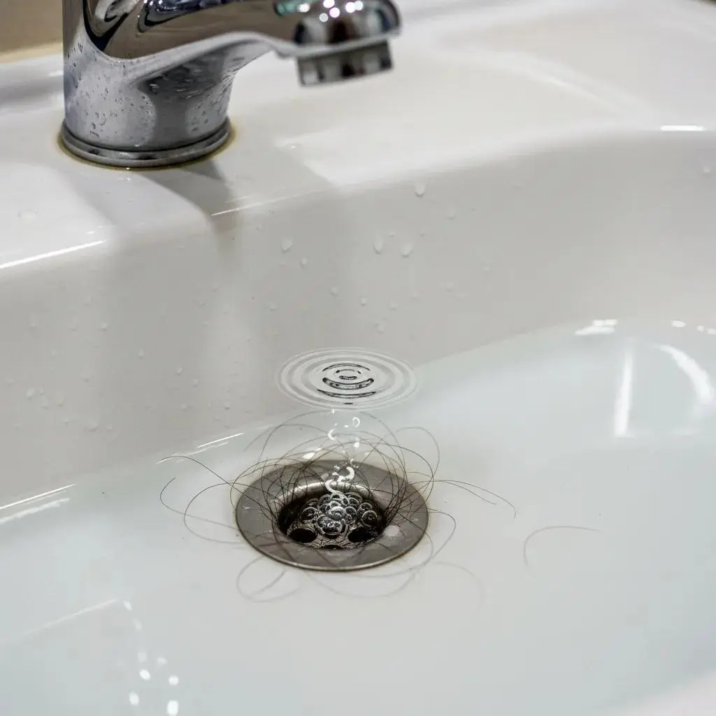 Bathroom sink with water pooling, indicating symptoms of slow drains
