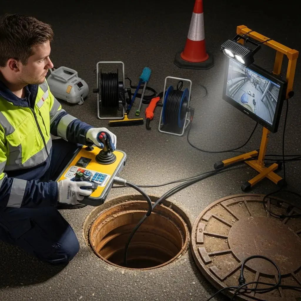 CCTV drain survey technician inspecting drainage system with camera equipment