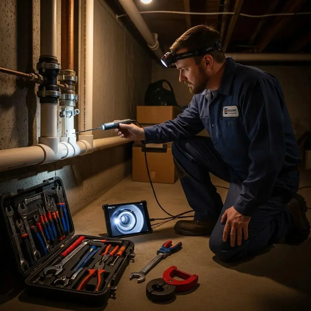 Professional drainage technician inspecting a residential drainage system
